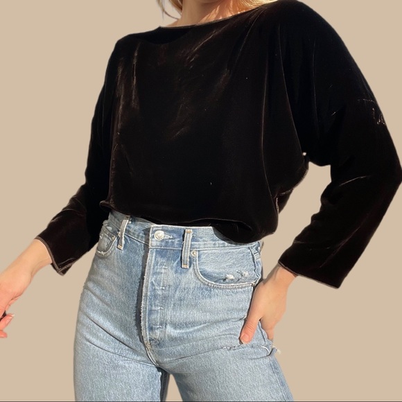 Zoran Tops - Zoran Velvet Top Vintage Silk Chocolate Brown Dolman Sleeve Boatneck Blouse